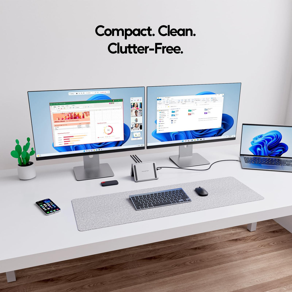 PULWTOP desk stand function showcased with docking station