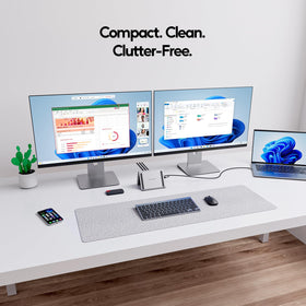 PULWTOP desk stand function showcased with docking station