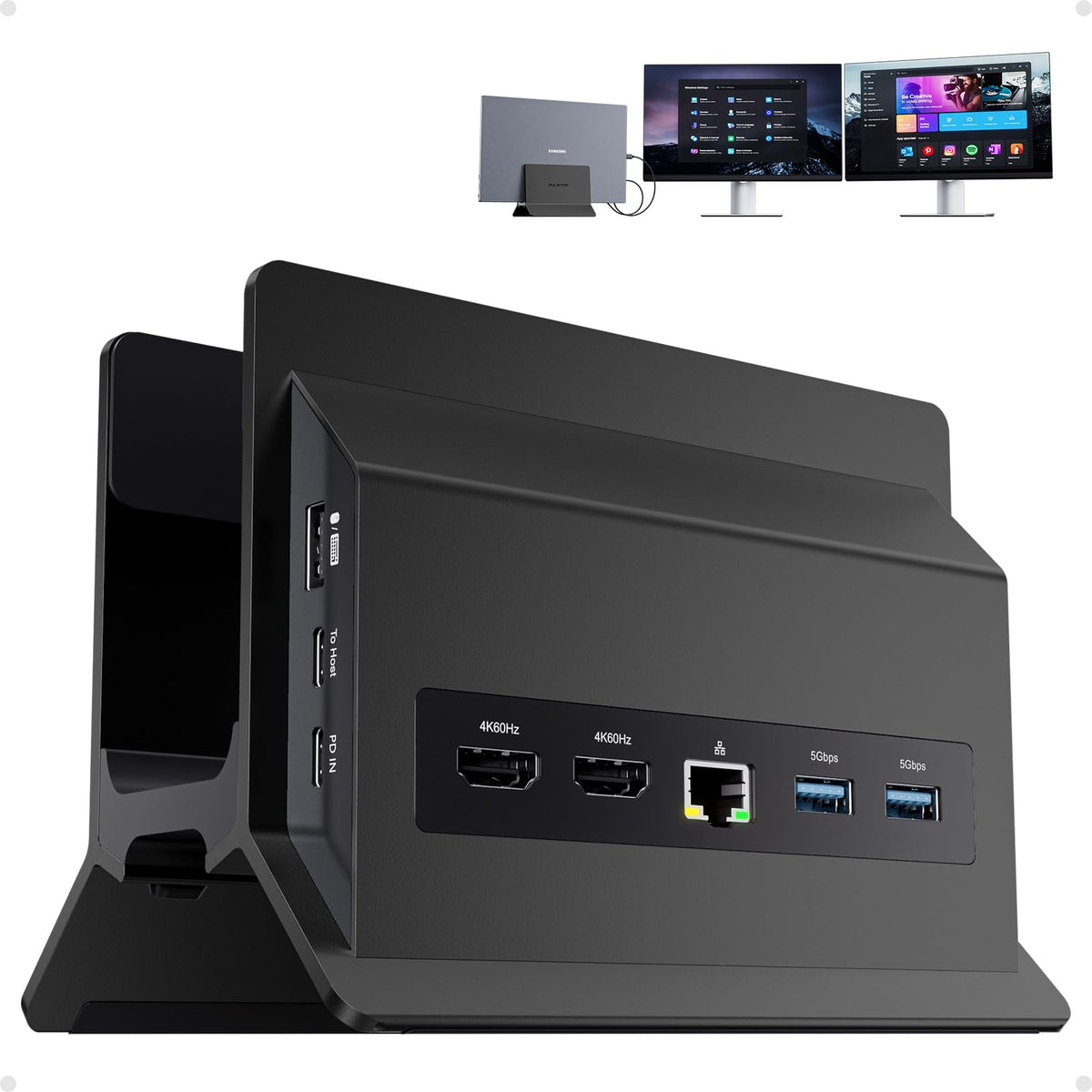 Pulwtop dual-monitor docking station front view for expanded workspace