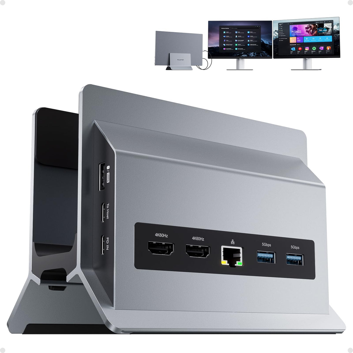 PULWTOP laptop dock front view with dual HDMI outputs for 4K multitasking.