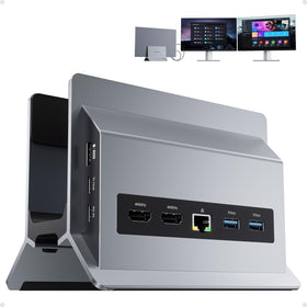 PULWTOP laptop dock front view with dual HDMI outputs for 4K multitasking.