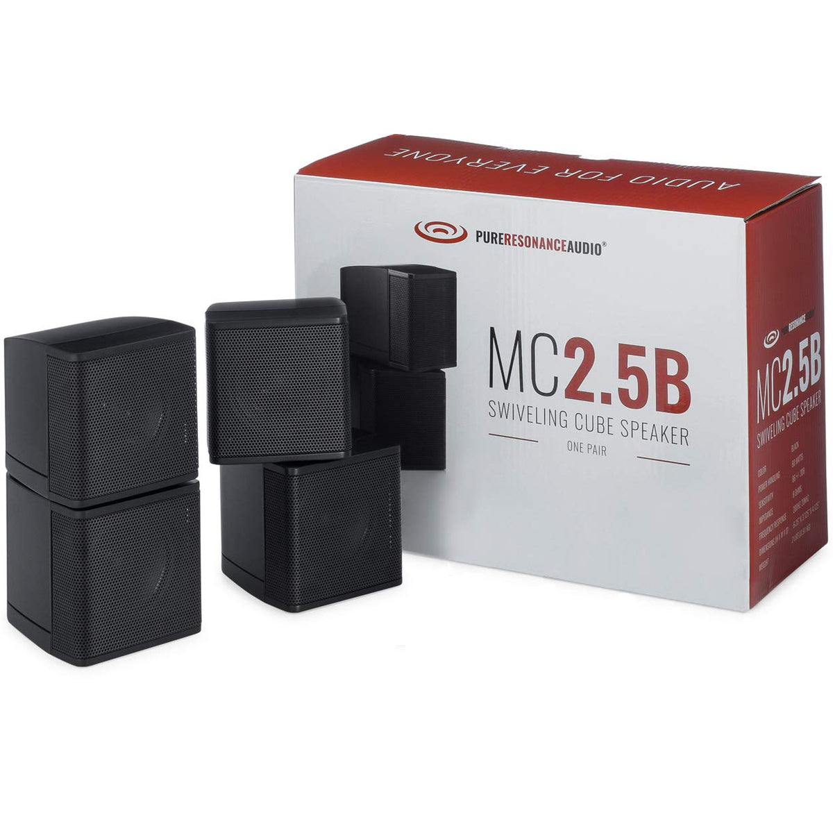 Pure Resonance Audio MC2.5B left cube swivels for precise room-filling sound.