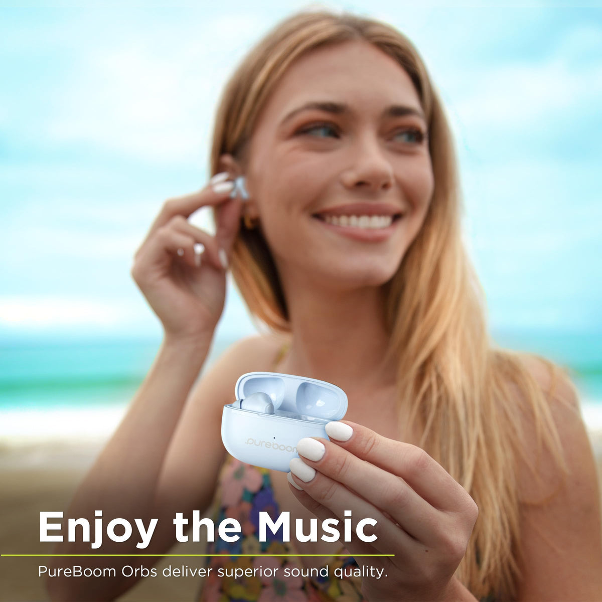 PureGear PureBoom earbuds baby blue case open for charging and storage