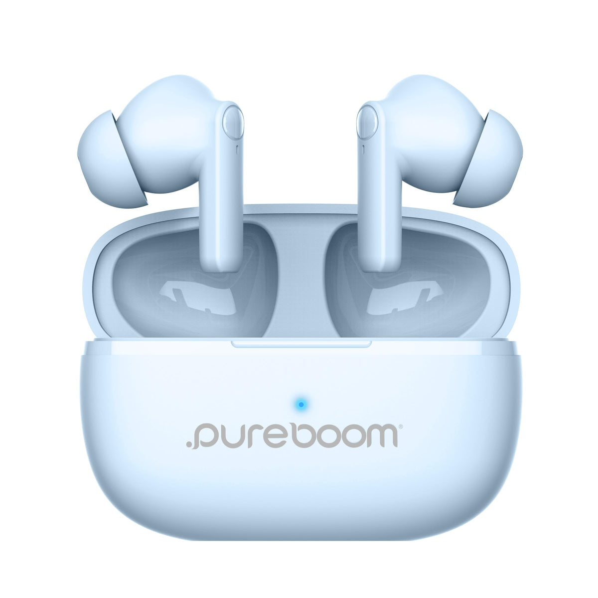 PureGear PureBoom earbuds baby blue front view for immersive listening