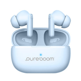 PureGear PureBoom earbuds baby blue front view for immersive listening