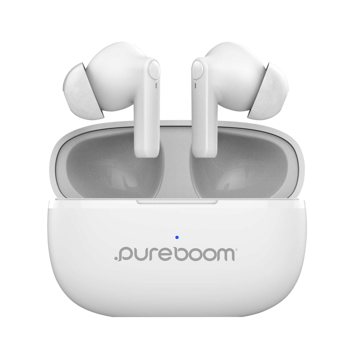 PureGear PureBoom earbuds in a compact charging case for easy portability.