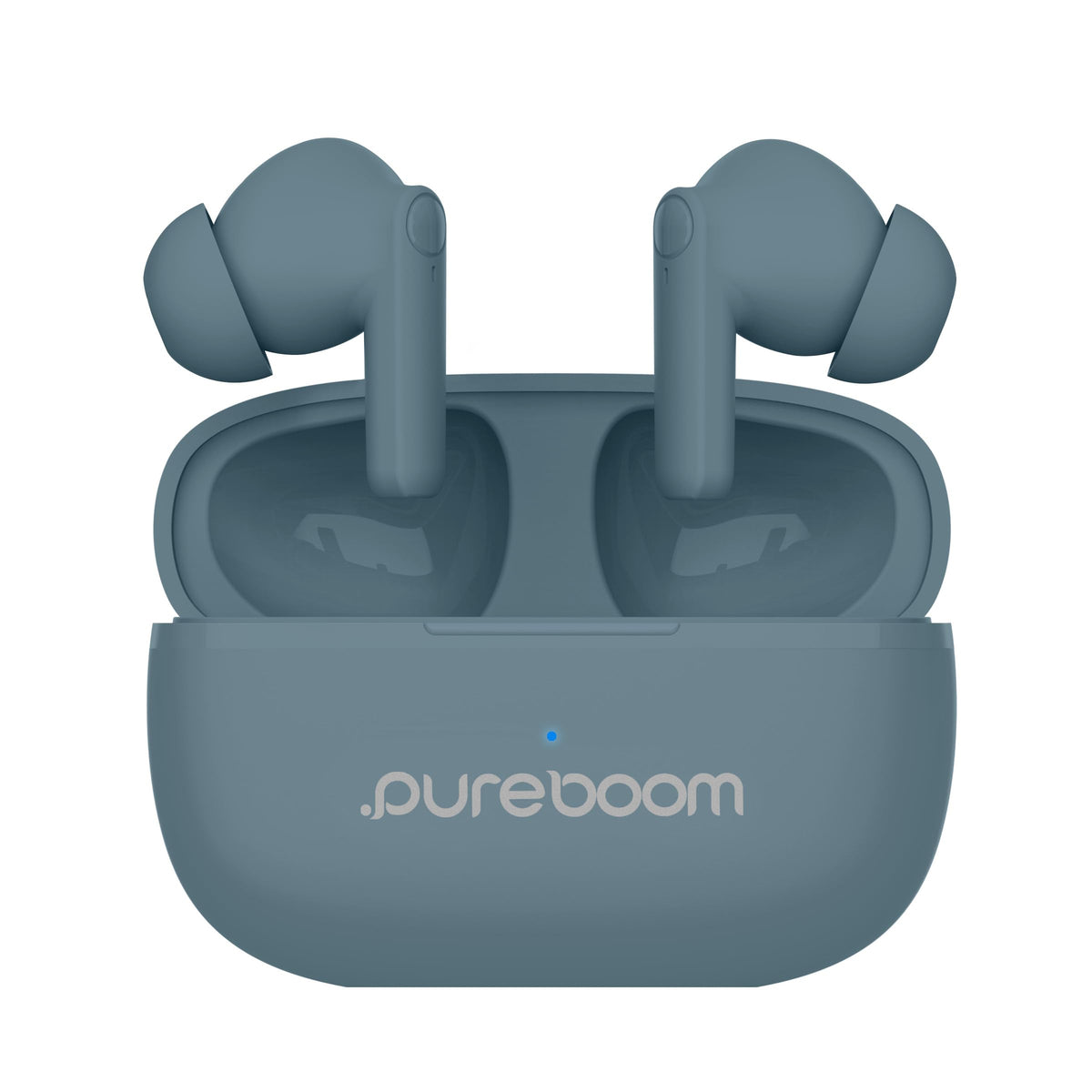 PureGear PureBoom Glacier Blue earbuds in the case for easy storage
