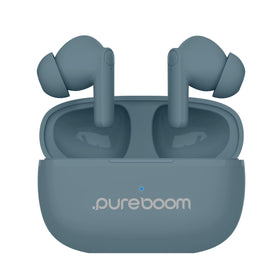 PureGear PureBoom Glacier Blue earbuds in the case for easy storage