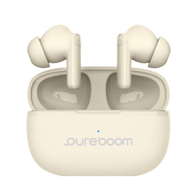 PureGear PureBoom earbuds in case for portable charging and wireless listening.