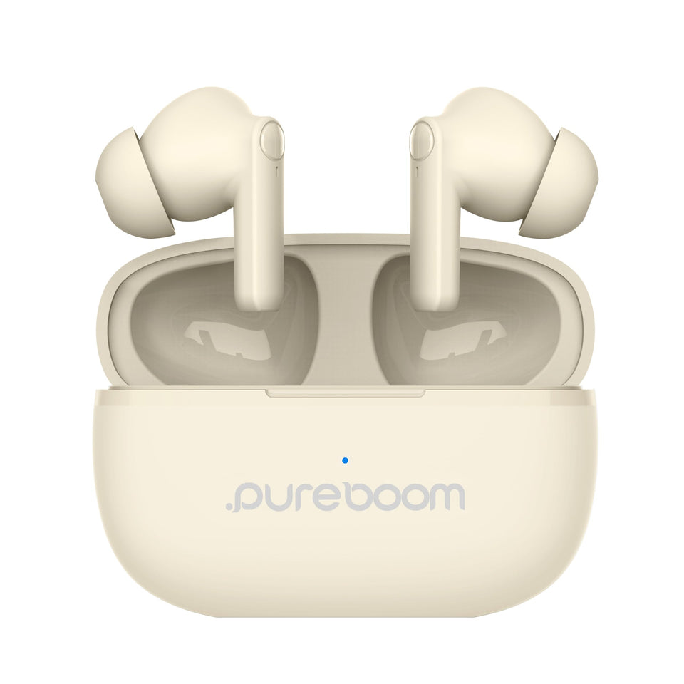 PureGear PureBoom earbuds in case for portable charging and wireless listening.