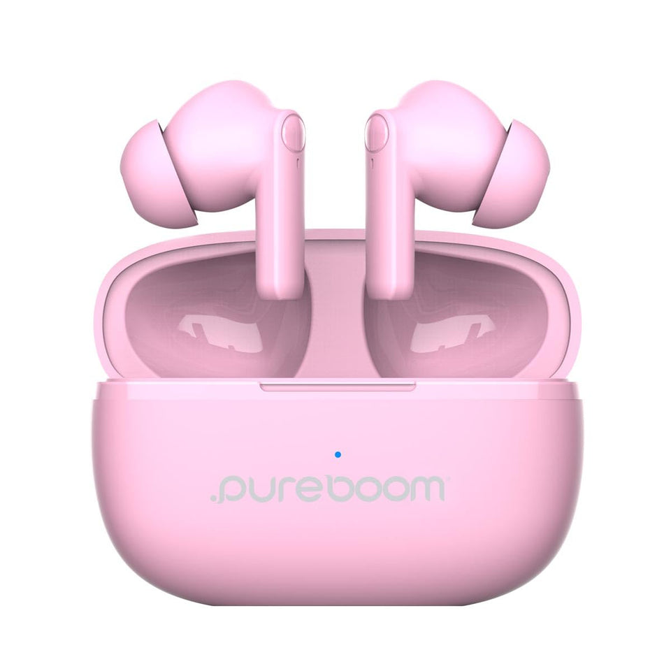 PureGear PureBoom Earbuds in pink close-up for wireless listening on the go