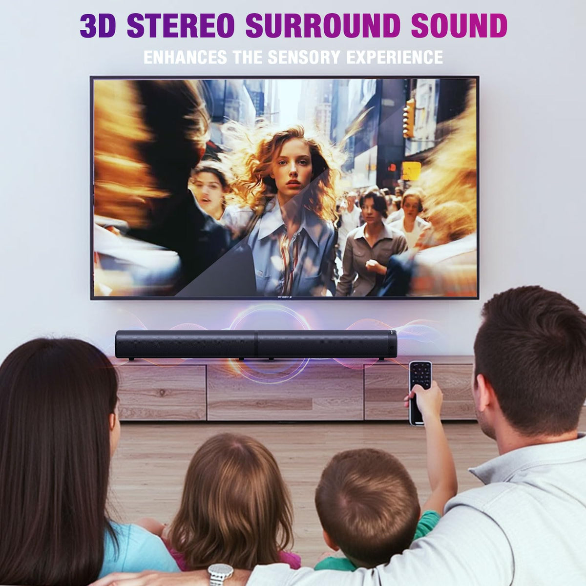 Puriom wall-mounted above TV creating cinematic living room atmosphere