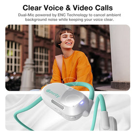 Purity Air Open Ear headphones with dual mics for clear calls in windy conditions.