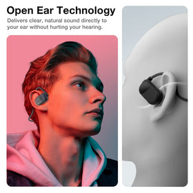 Purity Air Open Ear Headphones worn during a run for secure, aware listening.