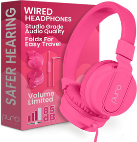 Puro Sound Labs front view of pink headphones showing kid-friendly design and safety