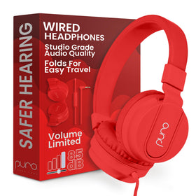 Puro Sound Labs front view red headphones showing compact durable design and safe look