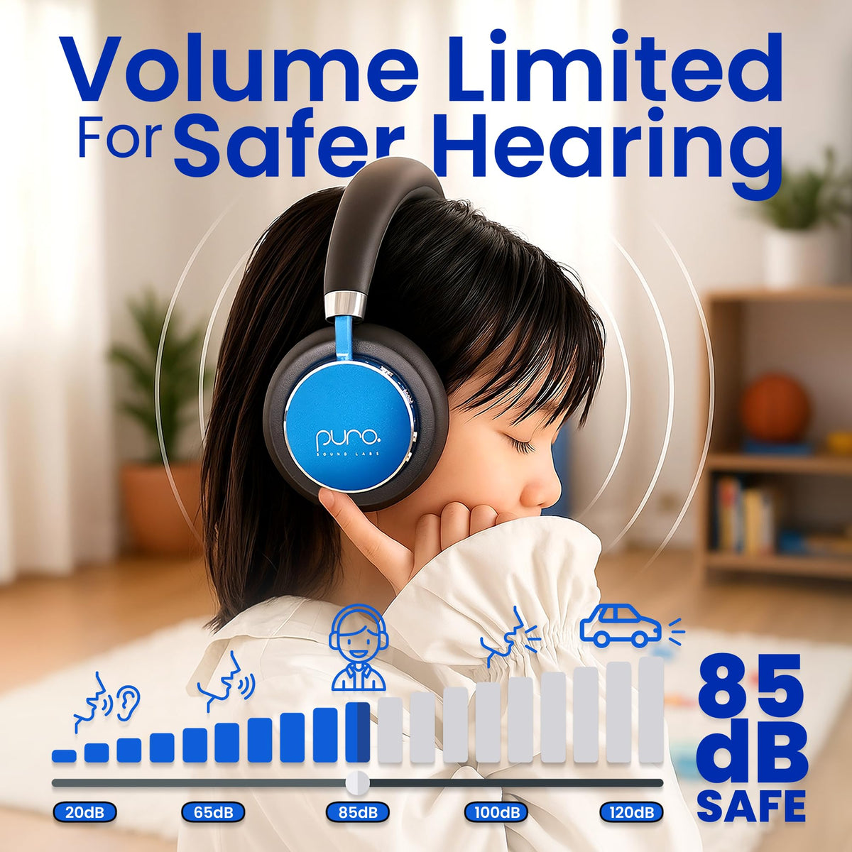 BT2200 Plus blue ear cups highlight comfortable, long wear padding for kids