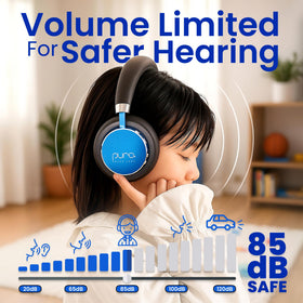 BT2200 Plus blue ear cups highlight comfortable, long wear padding for kids