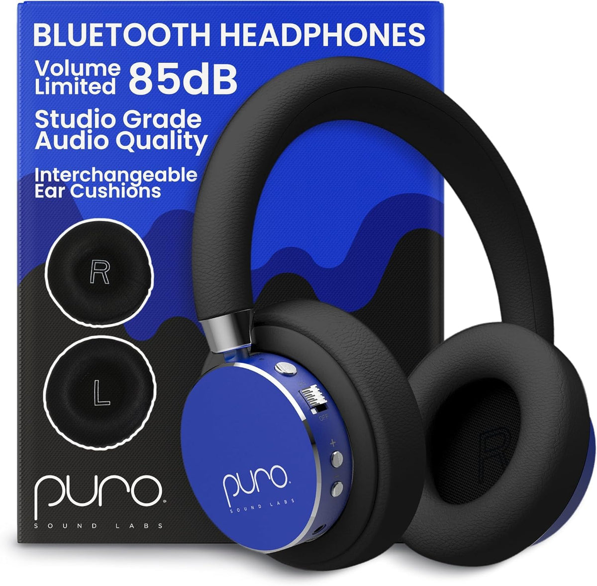 Puro Sound Labs BT2200 Plus blue front view showing kid friendly design for safe listening
