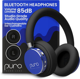 Puro Sound Labs BT2200 Plus blue front view showing kid friendly design for safe listening