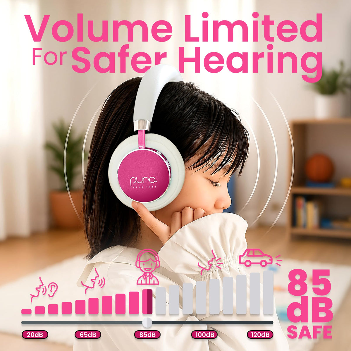 Puro BT2200 Plus pink side view showing adjustable headband and soft ear cushions.