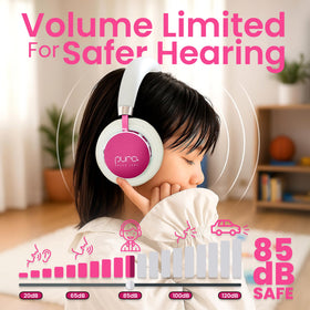 Puro BT2200 Plus pink side view showing adjustable headband and soft ear cushions.