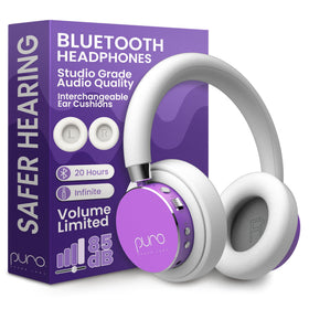 Puro Sound Labs BT2200 Plus purple front view highlighting 85dB safety cap