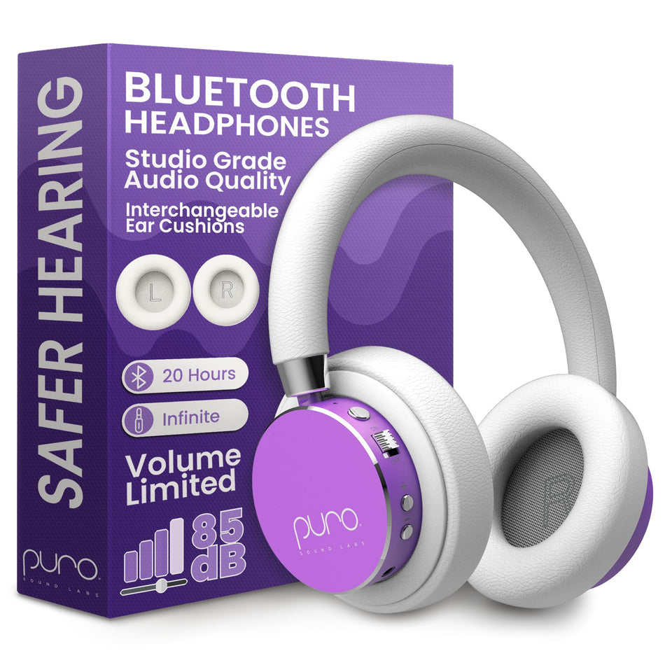 Puro Sound Labs BT2200 Plus purple front view highlighting 85dB safety cap