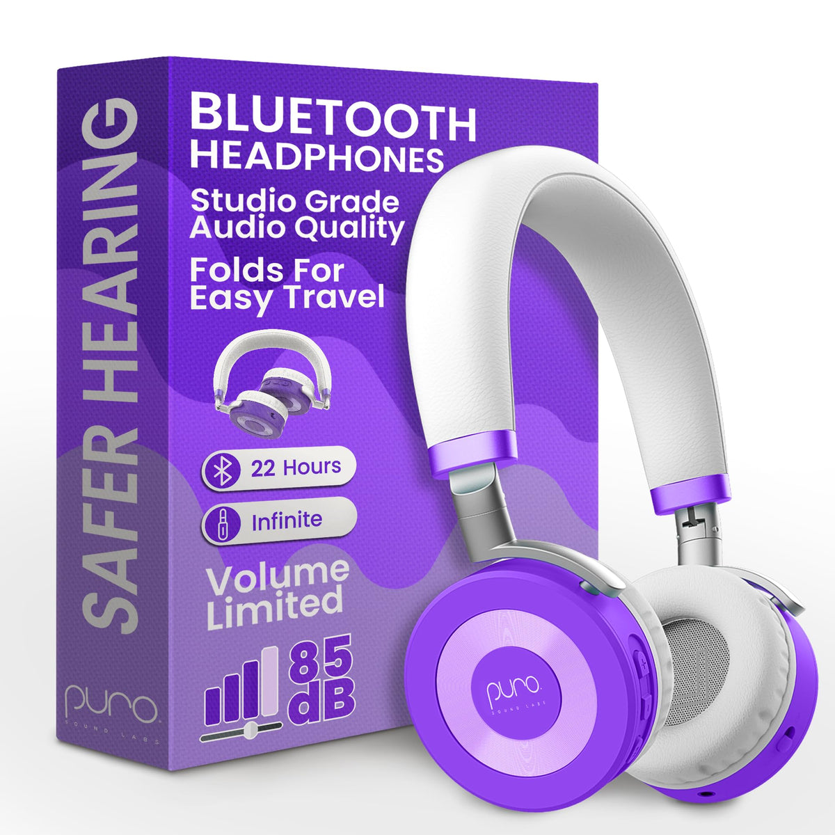 Puro Sound Labs JuniorJam Plus purple on-ear headphones for kids, comfortable for long wear.