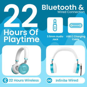 Folded JuniorJam Plus teal headphones showing compact design for travel