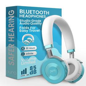 Puro Sound Labs JuniorJam Plus teal headphones worn by a child for safer listening