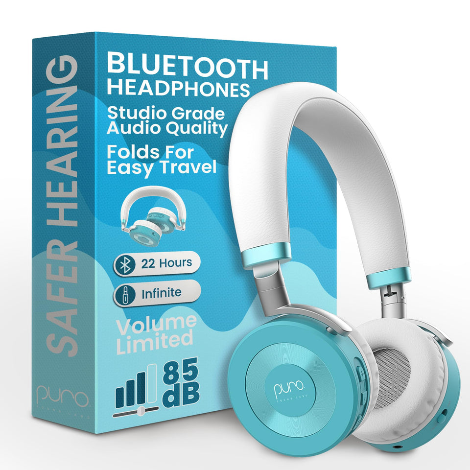 Puro Sound Labs JuniorJam Plus teal headphones worn by a child for safer listening