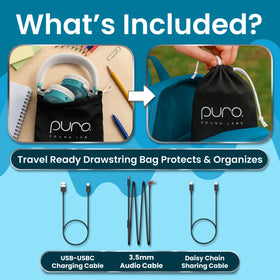 Box contents for JuniorJam Plus teal headphones and accessories