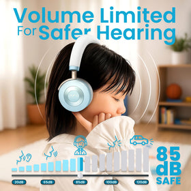 Close-up side profile of JuniorJam Plus teal headphones with adjustable headband for growing kids