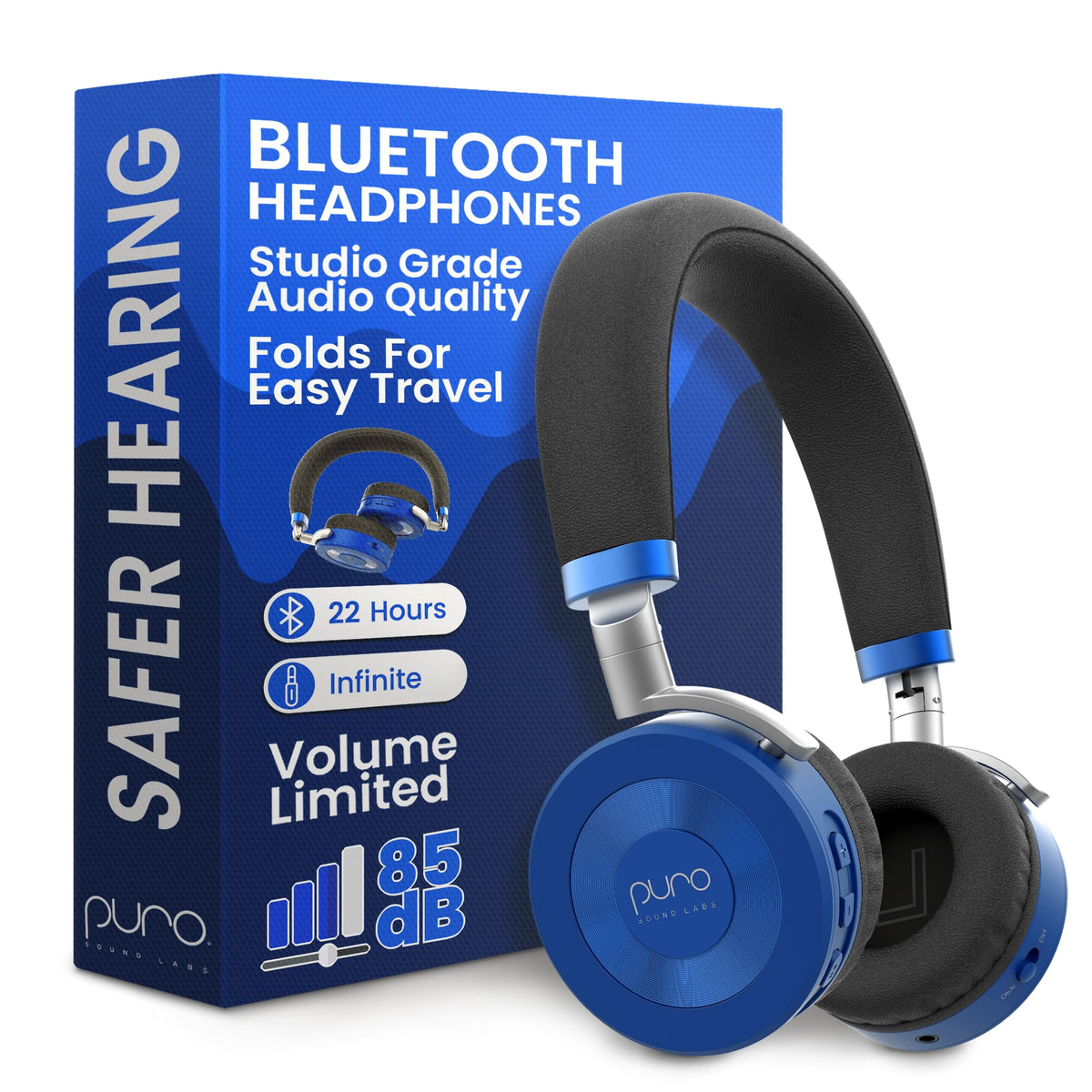 Puro JuniorJam Plus volume-limit headphones blue for safer kids listening.