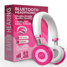 Puro Sound Labs JuniorJam Plus pink headphones with volume limiting for safer listening.