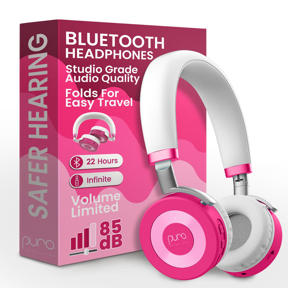 Puro Sound Labs JuniorJam Plus pink headphones with volume limiting for safer listening.