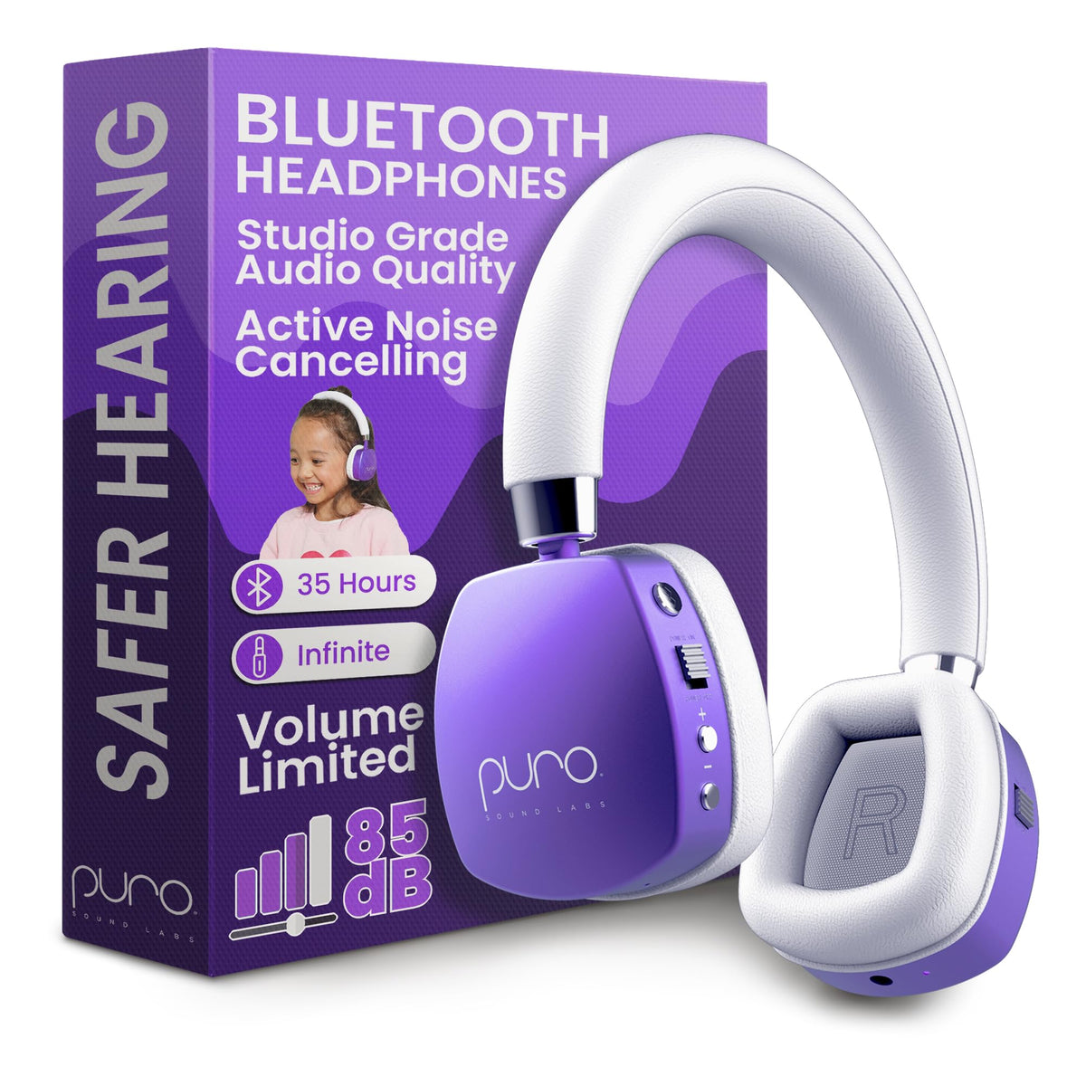 Puro Sound Labs PuroQuiet Plus headphones in purple with noise cancellation for kids.