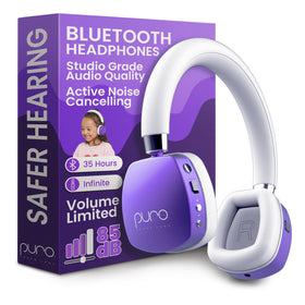 Puro Sound Labs PuroQuiet Plus headphones in purple with noise cancellation for kids.