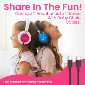 Puro BT2200 Plus pink daisy-chain cable linking two headphones to one device.