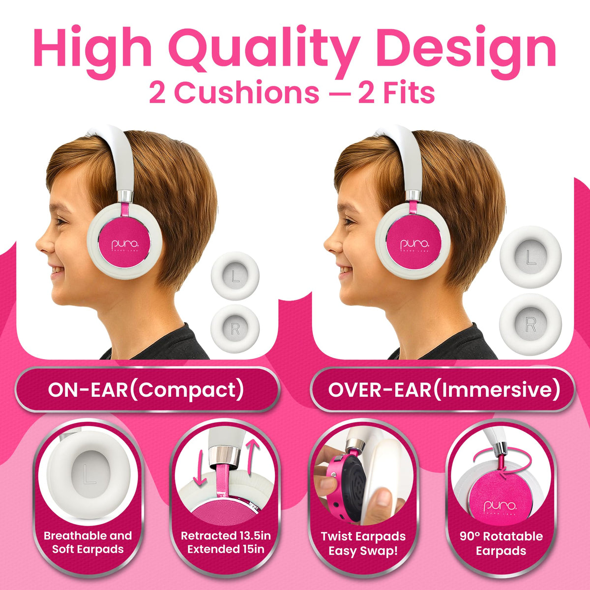 Puro BT2200 Plus pink foldable design for travel and storage.