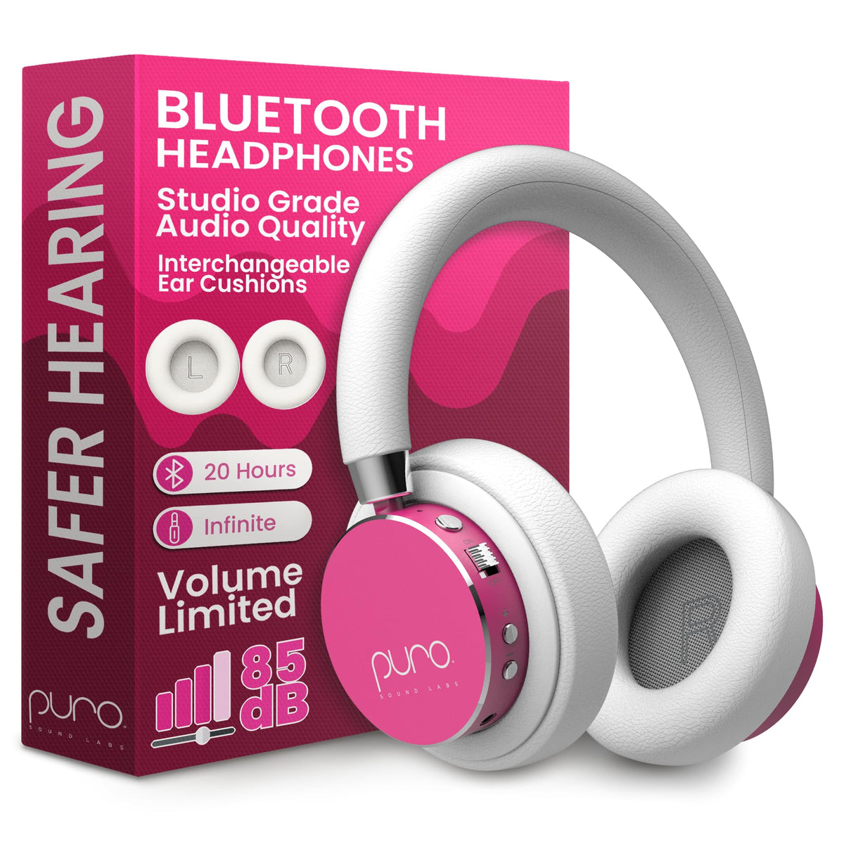 Puro Sound Labs BT2200 Plus pink front view for kid-friendly design and safe listening.