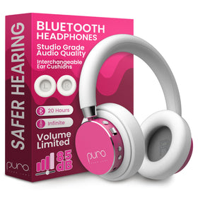 Puro Sound Labs BT2200 Plus pink front view for kid-friendly design and safe listening.
