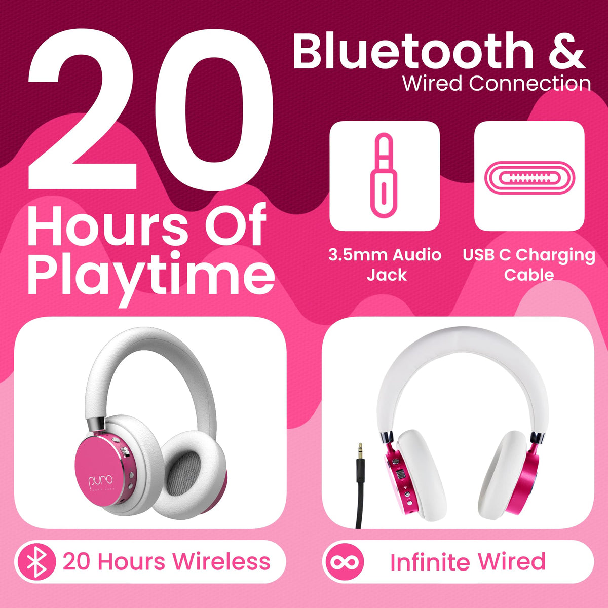 Puro BT2200 Plus pink on-ear earcups with breathable padding for comfort.