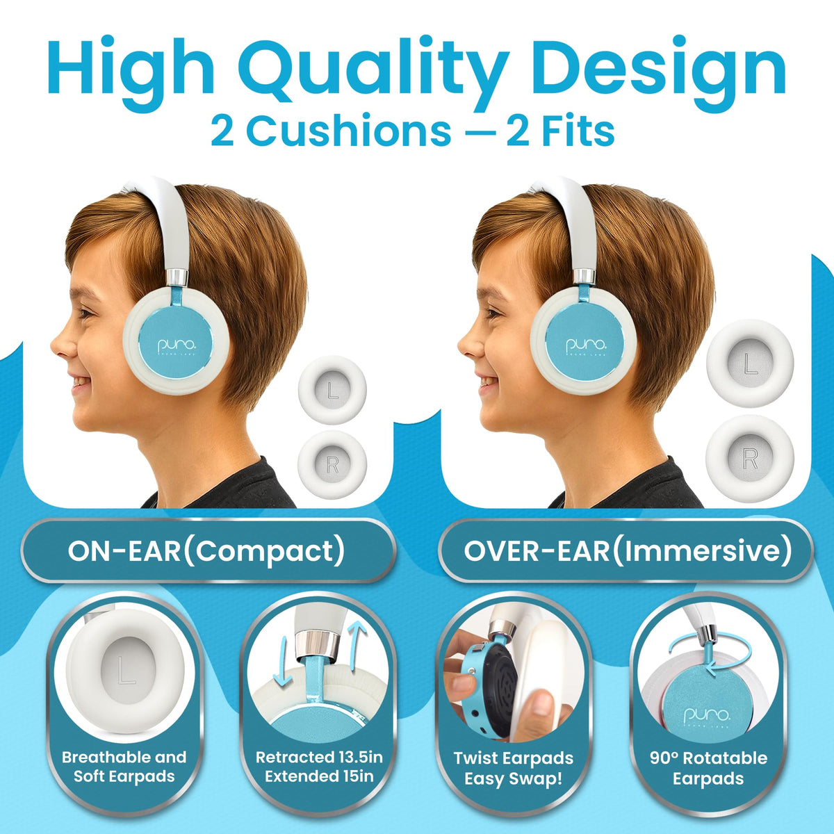 Puro Sound Labs BT2200 Plus teal adjustable earcups for all-day comfort