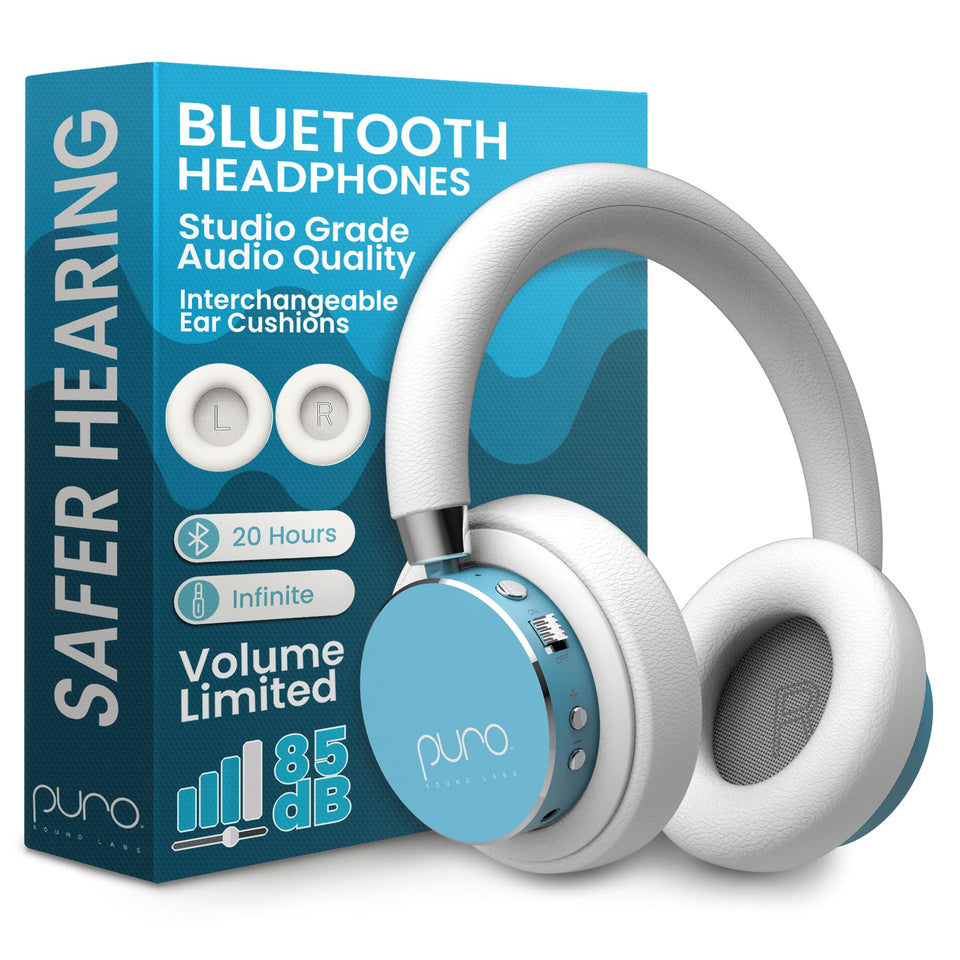 Puro Sound Labs BT2200 Plus teal headphones with balanced sound for kids