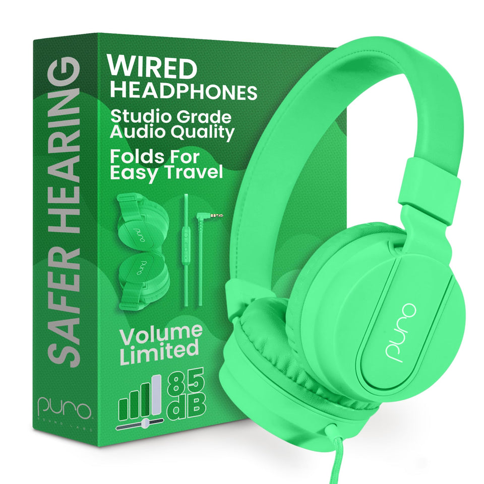 Puro Sound Labs front view showing green PuroBasic headphones and benefits of safe listening