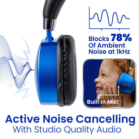 Built-in microphone on blue PuroQuiet Plus headphones for kids