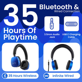 Blue PuroQuiet Plus headphone control buttons for easy wired and wireless use