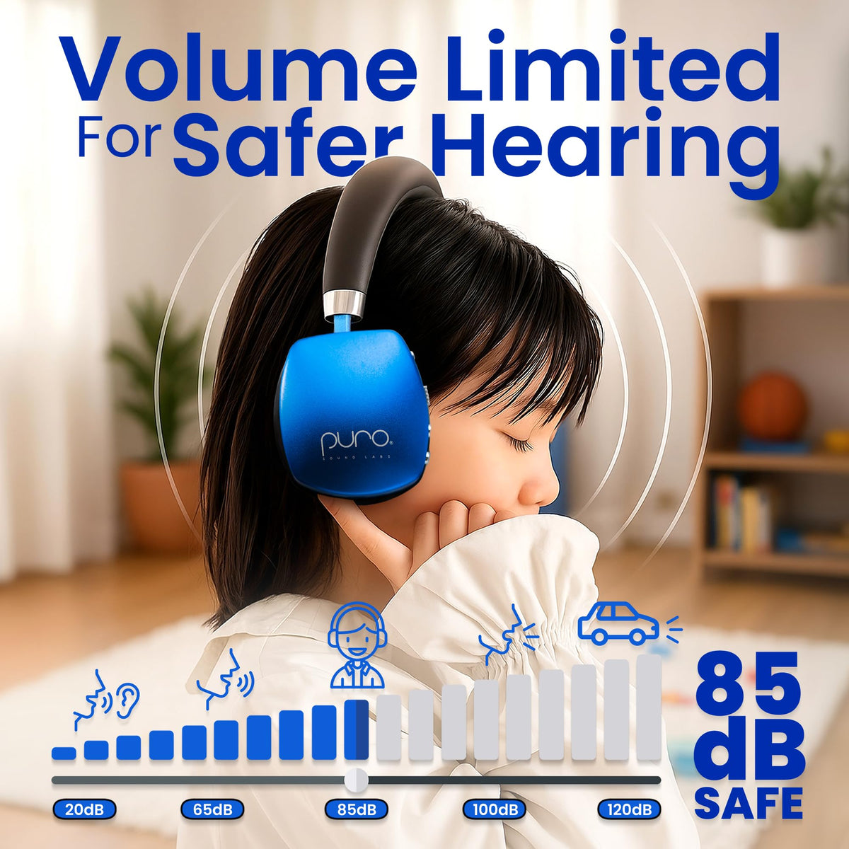 Close-up of blue ear cushion on PuroQuiet Plus headphones for kids